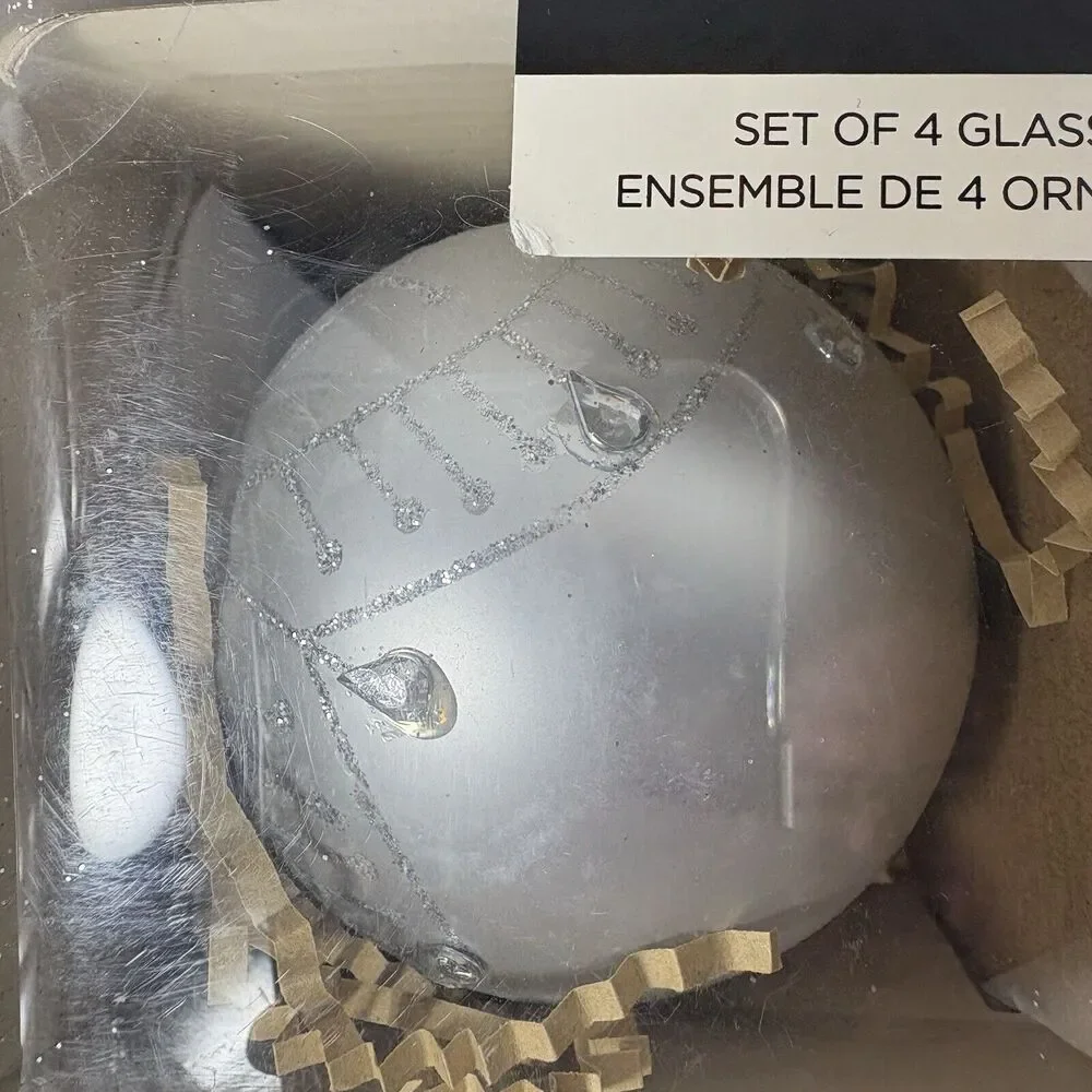 Rachel Zoe Glass Ornaments Christmas Tree Decor Silver Set of 4 F2‎